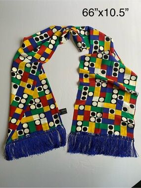 Amazing Vintage Casca Double-Face Silk Scarf w/ Geometric Pattern and Fringe